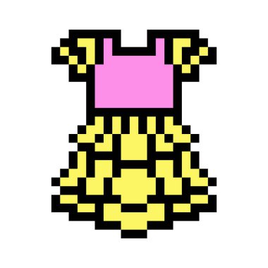 Beyaz arka planda izole edilmiş pembe ve sarı küçük kızların elbisesinin pikseli sanat sembolü. Çocukların yaz modası görünüşü. Şık çocuk kıyafetleri ikonu. Retro 90 'lar, 80' ler 8 bit slot makinesi, video oyunu grafikleri.