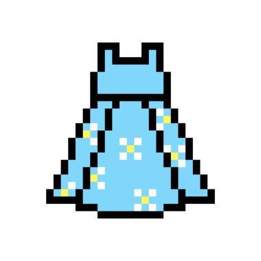 Mavi küçük kızların beyaz arka planda izole edilmiş elbisesinin pikselli sanat sembolü. Çocuk modası. Şık çocuk kıyafetleri ikonu. Eski moda 90 'lar, 80' ler 8 bit slot makinesi, video oyunu grafikleri.
