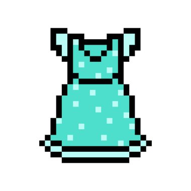 Beyaz arka planda izole edilmiş mavi noktalı küçük kızların elbisesinin pikselli sanat sembolü. Çocuk modası. Şık çocuk kıyafetleri ikonu. Eski moda 90 'lar, 80' ler 8 bit slot makinesi, video oyunu grafikleri.