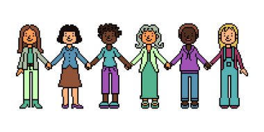 El ele tutuşan 6 kadından oluşan pikselli sanat grubu. İnsan hakları için 8 Mart grevi. Feminist topluluk. Eşitlik için protesto. Uluslararası arkadaşlık. Kız gücü. Çok kültürlü destek