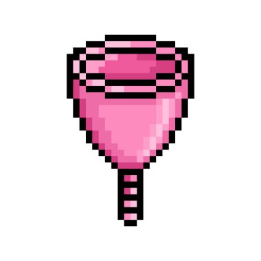 Beyaz arka planda izole edilmiş pikselli pembe, yeniden kullanılabilir çevre dostu bardak sembolü. 8 bit kadın hijyen aletleri klipsleme sanatı. Kadın dönemi jinekolojik sağlık hizmetleri. Takvim uygulaması simgesini döndür.