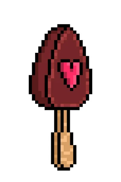 Kırmızı Kalp Şekeriyle Süslenmiş Bir Çubuğun Üzerinde Pikselli Çikolatalı Dondurma — Stok Vektör
