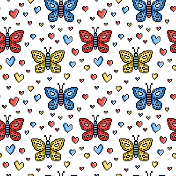 Pixel Konst Sömlöst Mönster Flygande Fjärilar Och Hjärtan Isolerade Vitt — Stock vektor