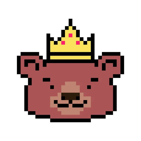 Happy King Bear Golden Crown Pixel Art Character Head Isolated — Stock Vector