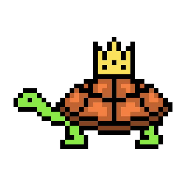 Боковой Вид Черепахи Золотой Короне Голова Персонажа Пикселя Изолирована Белом — стоковый вектор