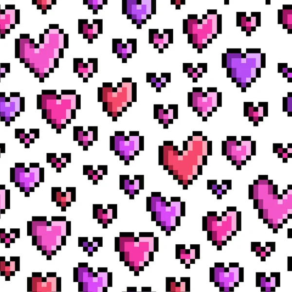 Muchos Corazones Color Rosa Púrpura Pixel Art Fondo Sin Costuras — Vector de stock