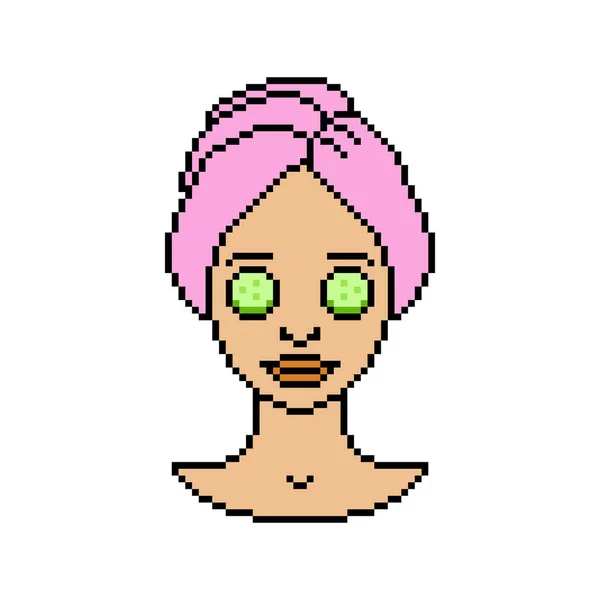 Pixel Art Portrait Femme Asiatique Avec Concombre Sur Les Yeux — Image vectorielle