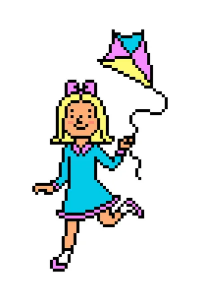 Chica Feliz Vestido Corriendo Con Una Cometa Pixel Art Carácter — Vector de stock