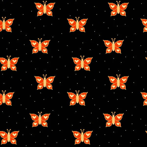 Pixel Art Seamless Pattern Flying Orange Butterflies Night Sky Isolated — Stock Vector
