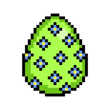 Paskalya yumurtası yeşile boyanmış, bir sürü küçük mavi çiçekle süslenmiş, 8 bit ikon beyaz arka planda izole edilmiş. Eski moda antika 80 'ler, 90' lar 2d video oyunu, slot makinesi grafikleri.