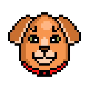 Köpek ya da köpek şeklinde dekore edilmiş şirin bir Paskalya Yumurtası. Beyaz arka planda 8 bitlik bir ikon. Oval şekilli hayvan kafa avatarı. Eski moda antika 80 'ler, 90' lar 2d video oyunu, slot makinesi grafikleri