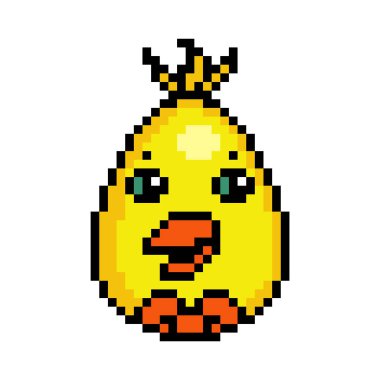 Beyaz arka planda 8 bit izole edilmiş, kurdeleli tavuk desenli şirin bir Paskalya yumurtası. Hayvan kafa avatarı. Eski moda antika 80 'ler, 90' lar 2d video oyunu, slot makinesi grafikleri.