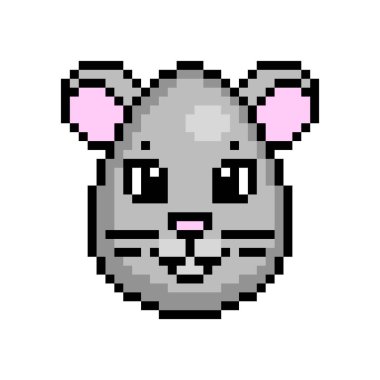 Gri bir fare olarak dekore edilmiş şirin bir Paskalya Yumurtası, beyaz arka planda 8 bit ikon. Oval şekilli hayvan kafa avatarı. Eski moda antika 80 'ler, 90' lar 2d video oyunu, slot makinesi grafikleri.