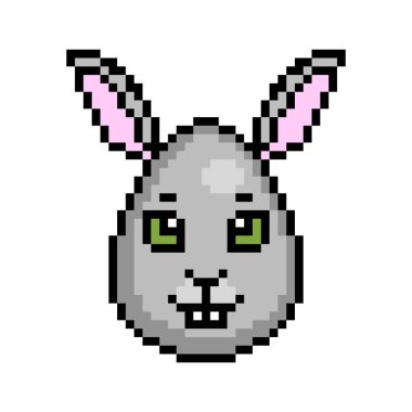 Gri tavşan, tavşan ya da tavşan şeklinde dekore edilmiş şirin bir Paskalya yumurtası. Beyaz arka planda 8 bit ikon. Hayvan kafa avatarı. Eski moda antika 80 'ler, 90' lar 2d video oyunu, slot makinesi grafikleri