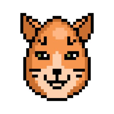 Tilki şeklinde dekore edilmiş şirin pikselli Paskalya yumurtası, beyaz arka planda 8 bit ikon. Vahşi hayvan baş avatarı. Eski moda antika 80 'ler, 90' lar 2D bilgisayar, video oyunu, slot makinesi grafikleri.