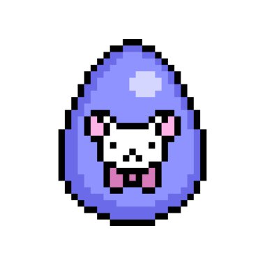 Paskalya yumurtası menekşe rengine boyanmış. Beyaz arka planda 8 bit ikon olan kurdele yay etiketli bir fare ile süslenmiş. Eski moda antika 80 'ler, 90' lar 2d video oyunu, slot makinesi grafikleri.