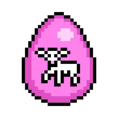 Paskalya yumurtası kuzu etiketiyle pembeye boyanmış. Beyaz arka planda 8 bit ikon var. Eski moda antika 80 'ler, 90' lar 2d video oyunu, slot makinesi grafikleri.