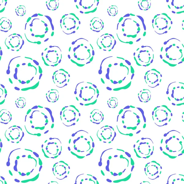 シームレスな背景に異なるサイズの紫 緑の混沌としたサークルブラシのインプリント 滑らかな丸い形のプリント グラフィックデザインのための抽象装飾幾何学ベクトルパターン — ストックベクタ