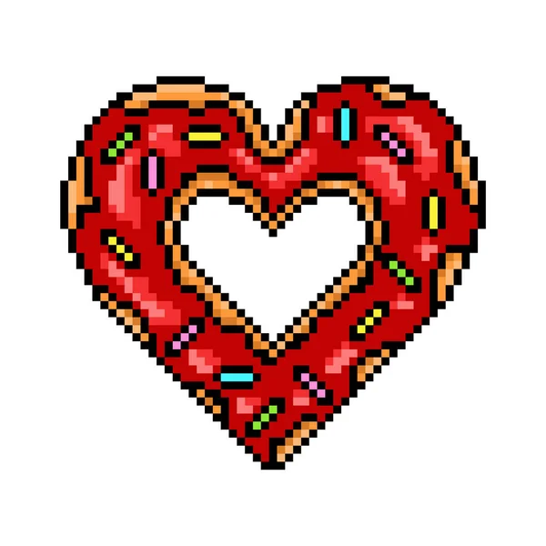 Ciambella Forma Cuore Decorata Con Vetri Rossi Spruzzi Pixel Art — Vettoriale Stock