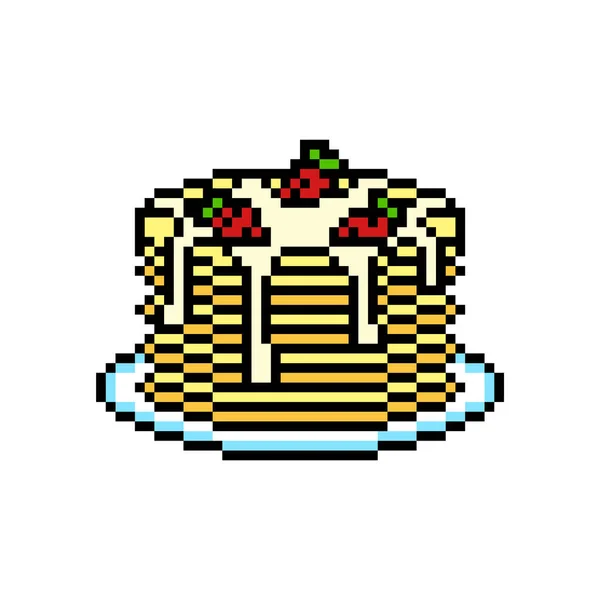 Pixel Art Pila Panqueques Con Fresas Salsa Vainilla Plato Sobre — Archivo Imágenes Vectoriales