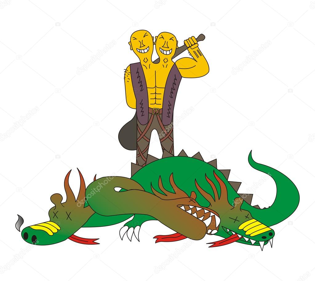 Cartoon two headed giant kills a three headed dragon