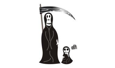 Karikatür Grim Reaper onun bebek çocuk, küçük Grimmy ile