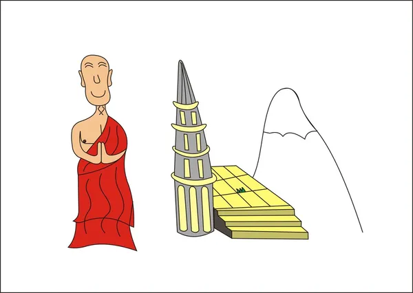 Arka planda Budist tapınağı olan budist bir keşişin karikatürü
