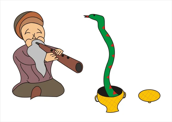 Ein alter asiatischer Mann spielt eine Flöte und hypnotisiert eine Schlange — Stockvektor