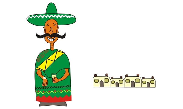 पृष्ठभूमि में मैक्सिकन छोटे शहर के घरों के साथ एक कार्टून मैक्सिकन मूल निवासी — स्टॉक वेक्टर