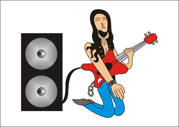 Rockstar de bande dessinée jouant une guitare électrique connectée à deux grands haut-parleurs — Image vectorielle