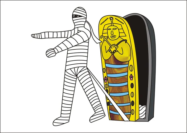 De cartoon mummie komt uit de sarcofaag — Stockvector