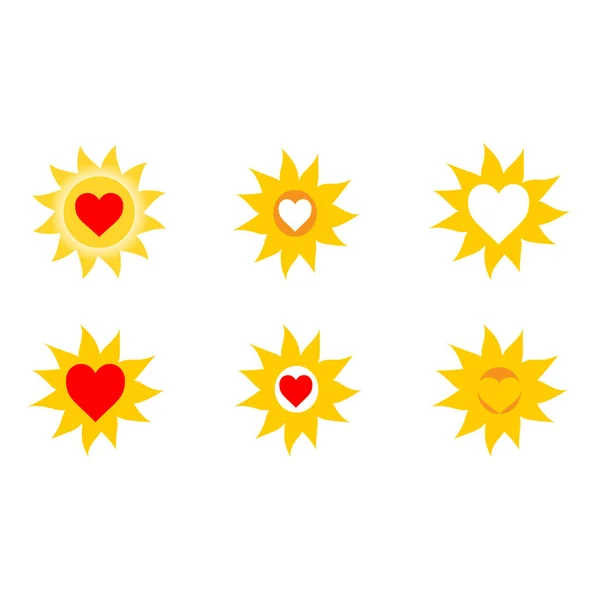 Conjunto Seis Ícones Amor Coração Sol Isolado Fundo Branco — Vetor de Stock