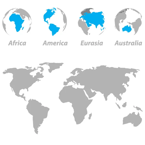 Mappa del mondo con i continenti evidenziati del globo — Vettoriale Stock