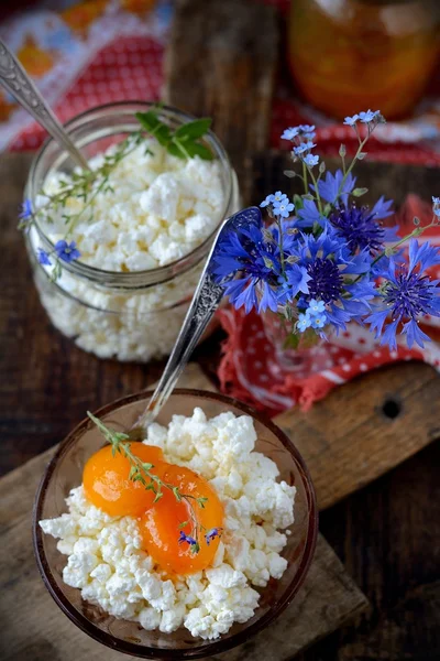 Fromage frais fait maison avec confiture d'abricot — Photo