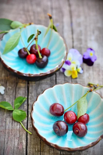 Dos tazas con flores y cereza — Foto de Stock