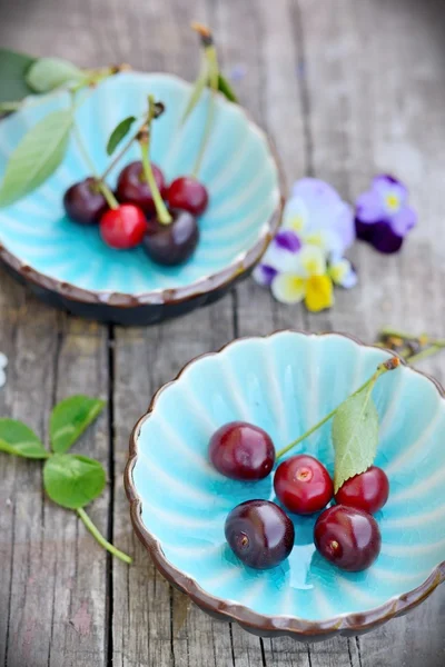 Two cups with flowers and cherry — Stock Photo, Image