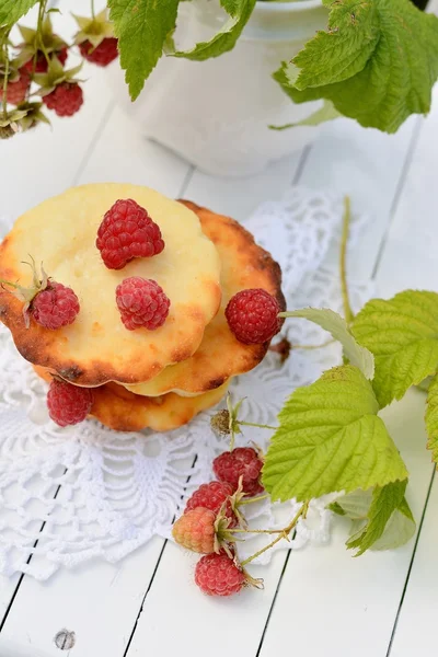 国のラズベリーと小さなチーズケーキ — ストック写真