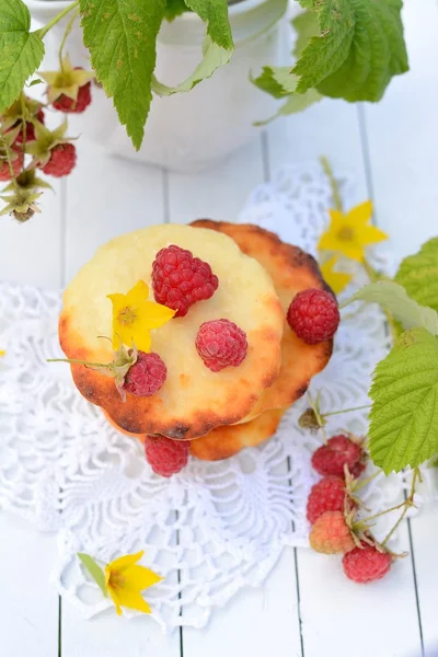 国のラズベリーと小さなチーズケーキ — ストック写真