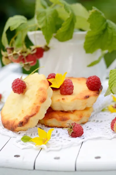 Bolos de queijo pequenos com framboesa no país — Fotografia de Stock