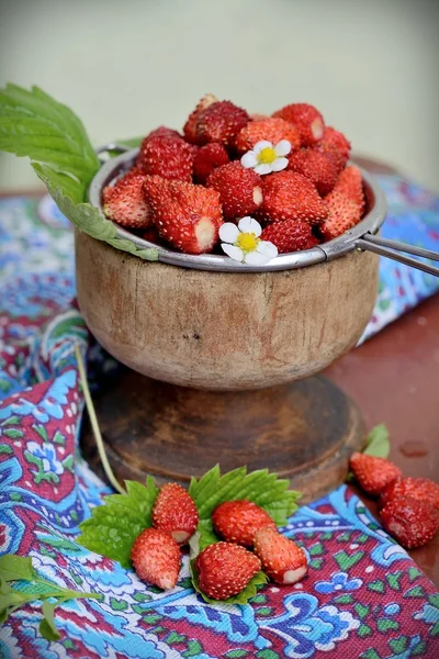 Wild strawberry in a wooden bowl — Stock Photo, Image