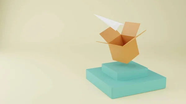 3D görüntüleme, 3D illüstrasyon, kahverengi kutudan beyaz kağıt uçak, kutu sembolü, yaratıcılık ve hayal gücü kavramını düşünün.