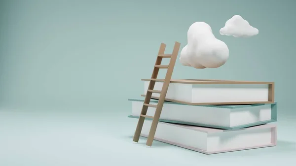 3D渲染 3D插图 梯子靠在书架上爬上云彩 — 图库照片