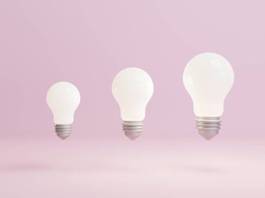 3D görüntüleme, 3D illüstrasyon, farklı boyutlarda yüzen ampul, asgari fikir ve yaratıcılık kavramı