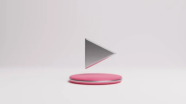 3d rendering, 3d illustration, floating metallic play button symbol on red podium