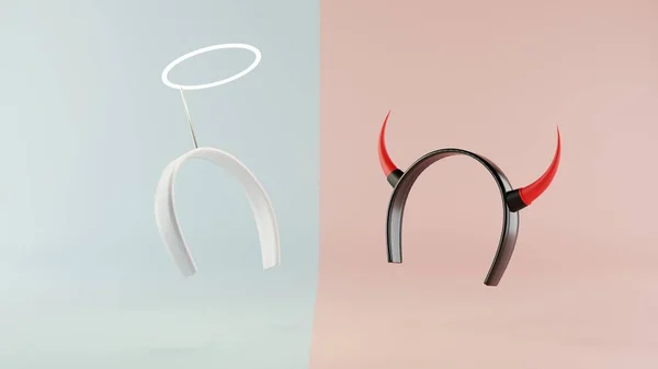 3d rendering, 3d illustration, angel and devil headband on different color background, comparison symbol