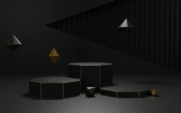 3D görüntüleme, 3D illüstrasyon, soyut arkaplan, siyah ve altın renkli ürün podyumu