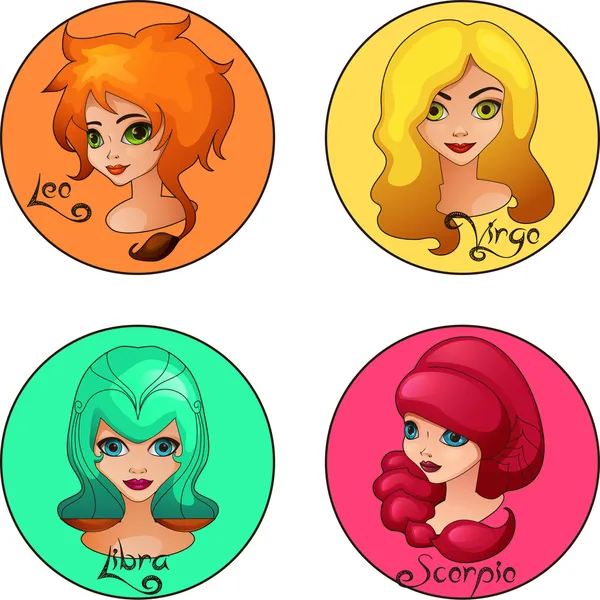 Cartoon Set of Zodiac Signs Leo, Virgo, Libra and Scorpio Cute Girls — Stock Vector