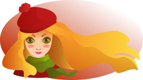Portrait of beutiful blond girl with streaming hair in beret. Autumn wallpaper — Stock Vector