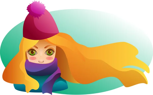 Retrato de menina Beutiful com cabelo streaming no chapéu de inverno e cachecol com bochechas coradas — Vetor de Stock