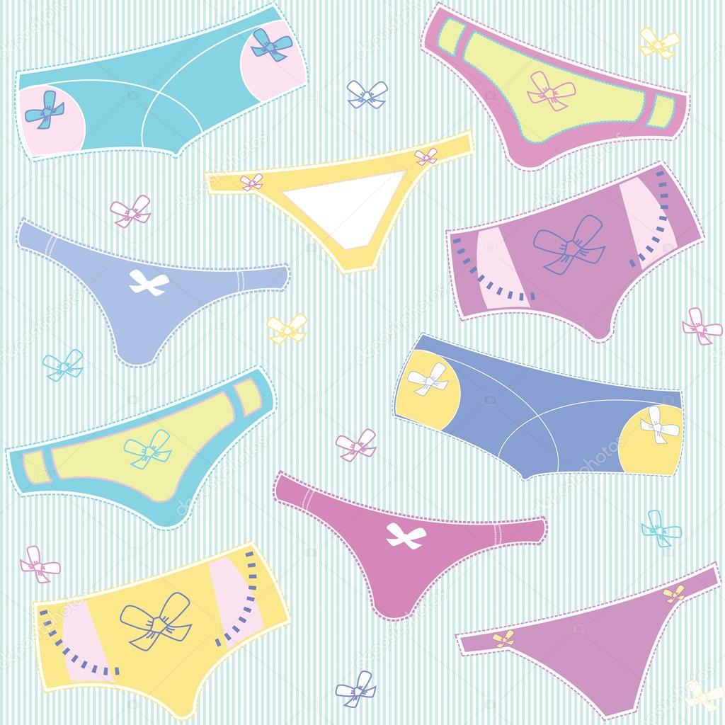 Vector seamless pattern with colourful cute panties on striped background